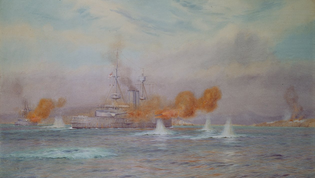 H.M.S. Albion onder bevel van Kapitein A. Walker-Heneage voltooit de vernietiging van de buitenforten van de Dardanellen in 1915, 1925 door Alma Claude Burlton Cull