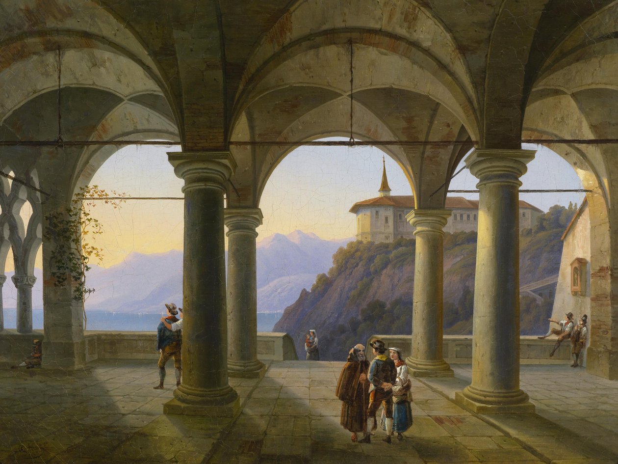 Zuilenterras met mensen en uitzicht op een bergmeer door Alois Gustav Schulz