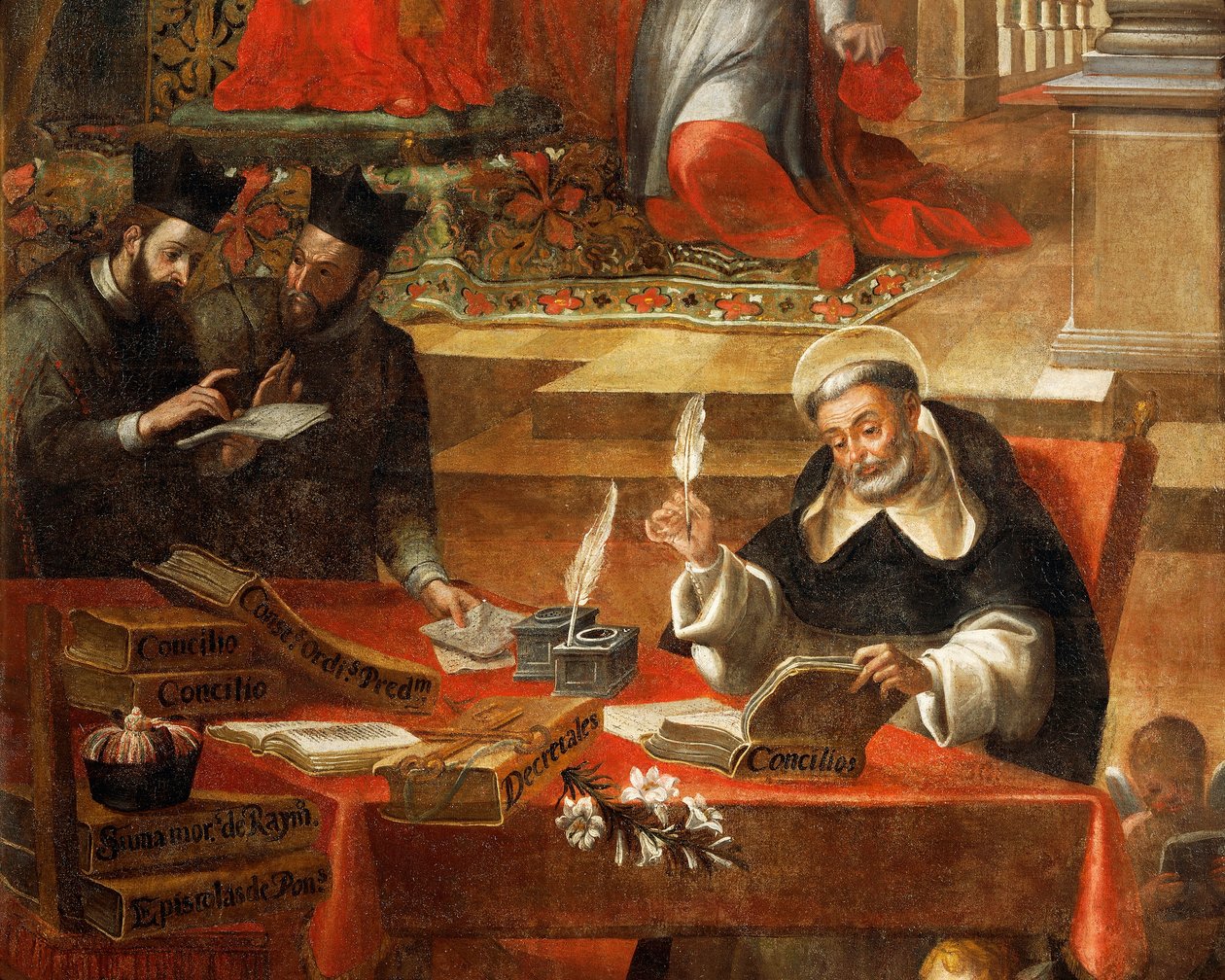 Twee jezuïeten in gesprek terwijl St. Raymond het Concilie schrijft (detail) door Alonso Antonio Villamor