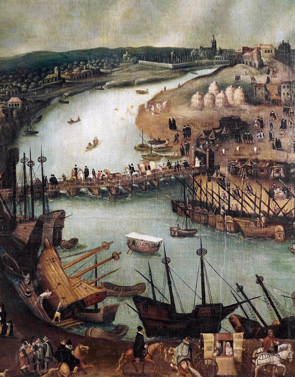 De stad Sevilla. Detail haven en commerciële activiteiten door Alonso Sánchez Coello