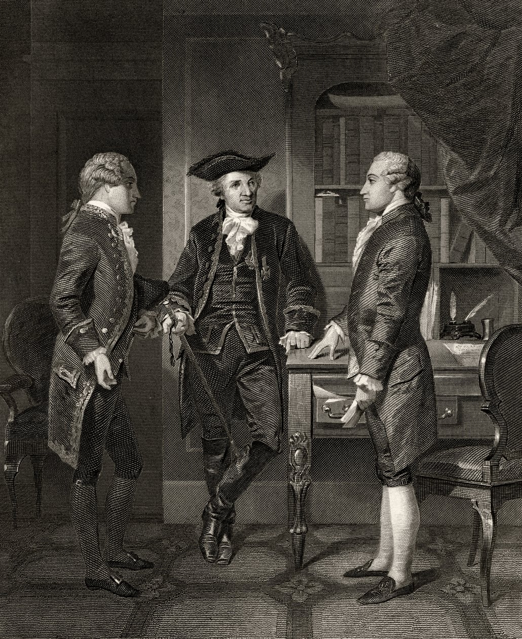 Baron de Kalb (midden) introduceert Lafayette aan Silas Dean, uit 