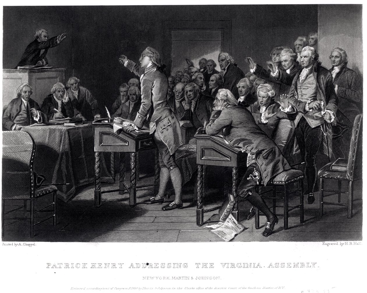 Patrick Henry Spreekt de Vergadering van Virginia Toe, Maart 1775 Gegraveerd door Henry Bryan Hall (1808-84), 1856 door Alonzo Chappel