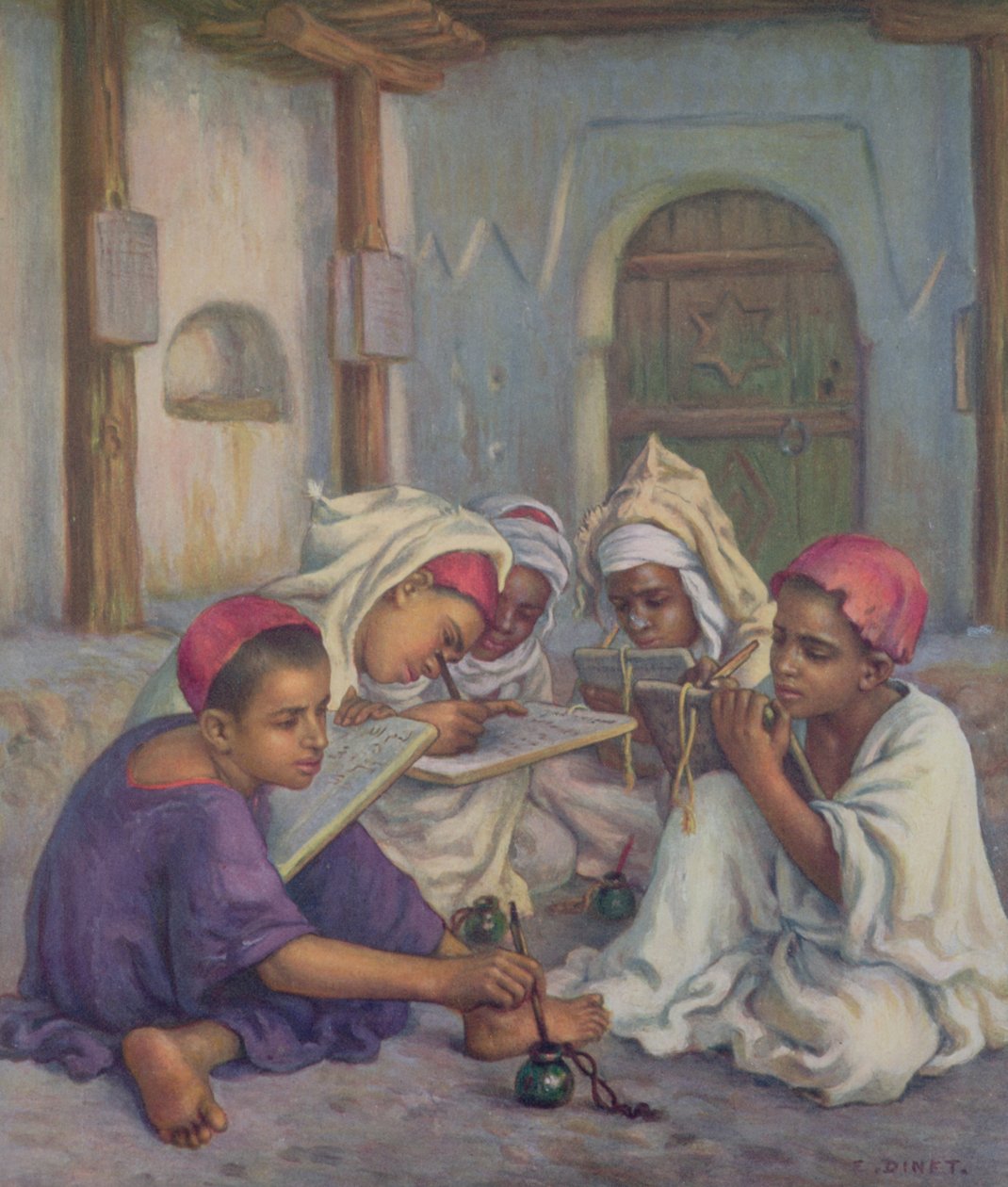 Schrijfles in een Koranische School in een Algerijns Dorp, 1918 door Alphonse Etienne Dinet