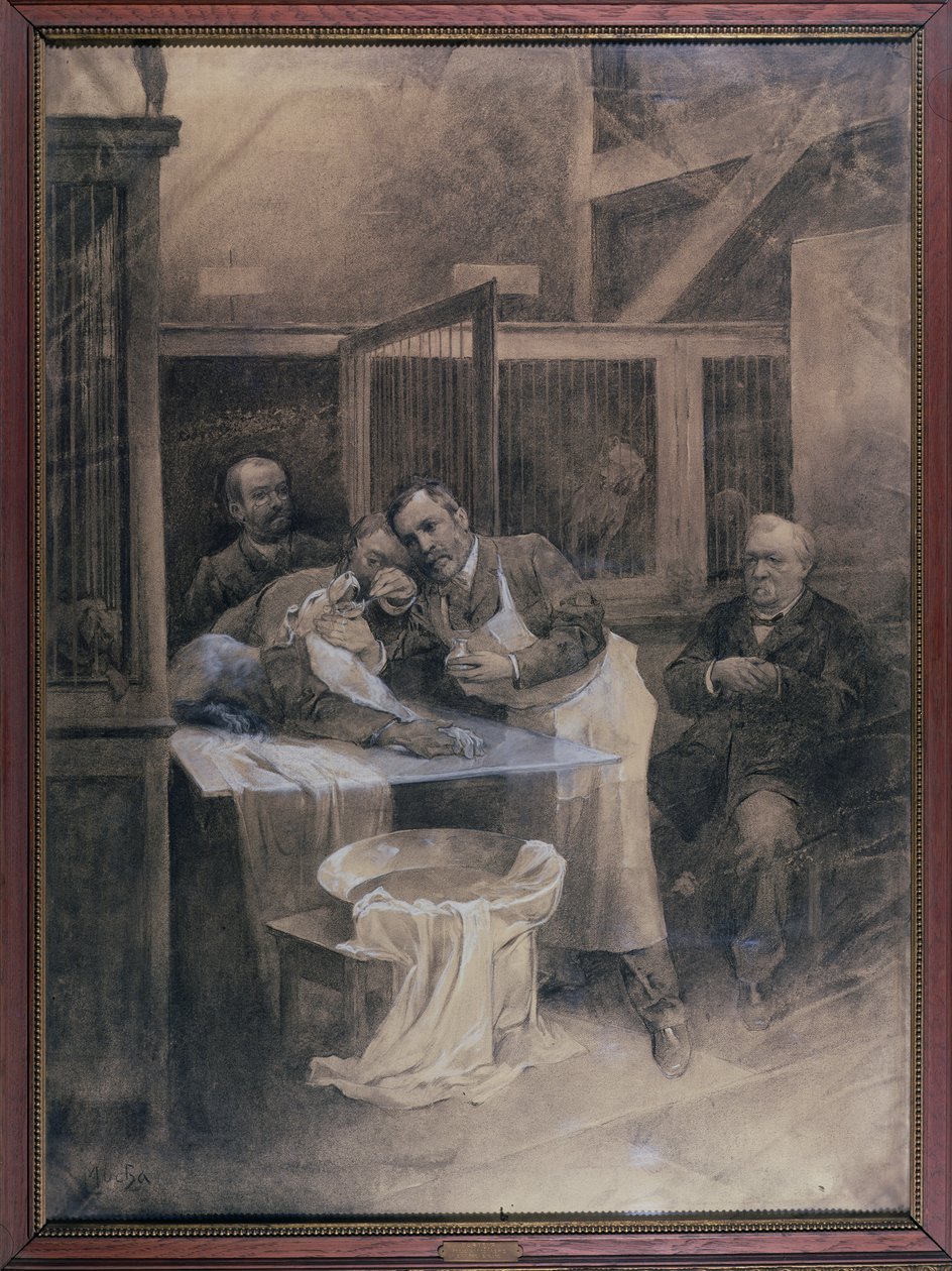 Louis Pasteur (1822-95) neemt een monster schuim van een hondsdolle hond door Alphonse Mucha