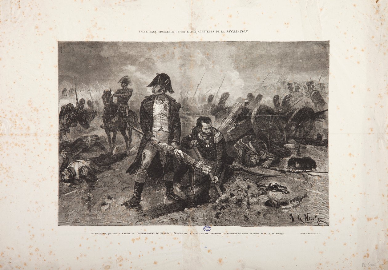 De Begrafenis van de Vlag, episode van de Slag bij Waterloo, gegraveerd door Jules Claretie door Alphonse Marie de Neuville