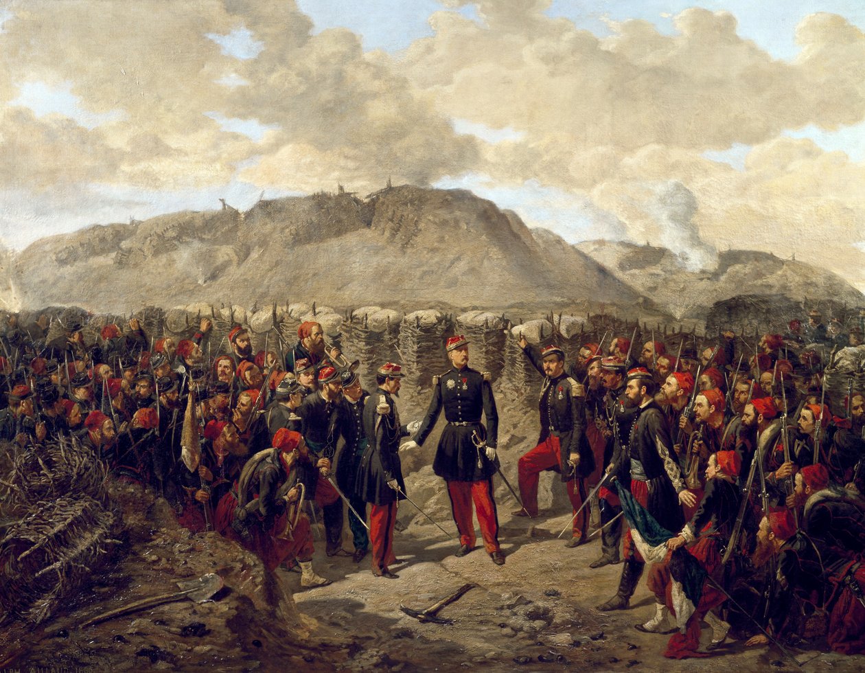 Krimoorlog (1853-1856): Maarschalk Patrice MacMahon met de zoeaven in Malakoff door Alphonse Antoine Aillaud