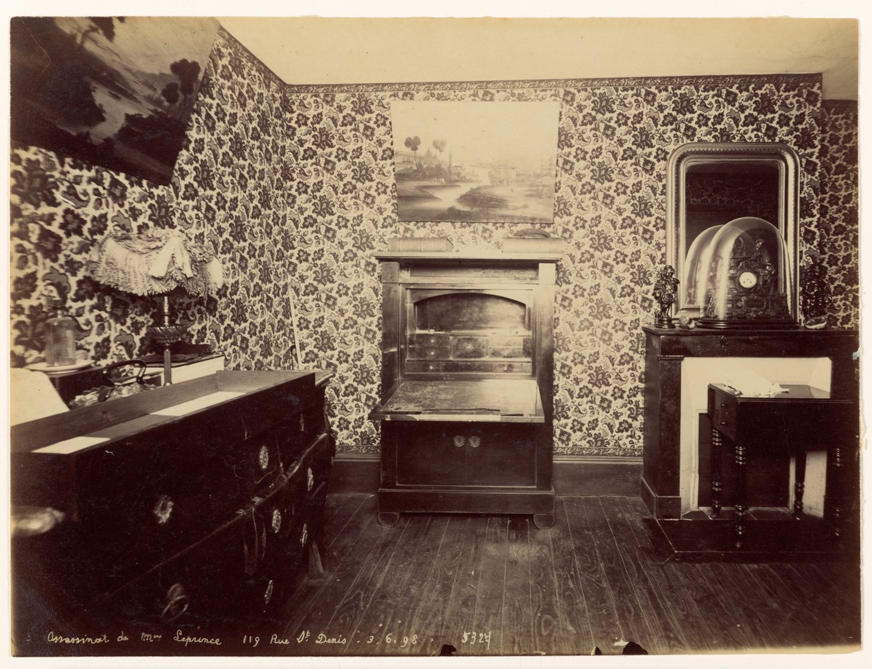 Moord op Lady Leprince ... Zicht op de slaapkamer door Alphonse Bertillon