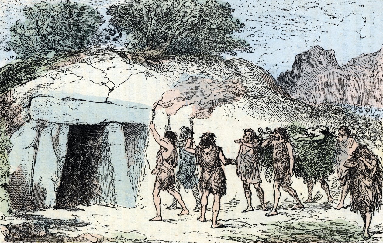 Prehistorie, neolithicum; begrafenisceremonie. Gravure uit 