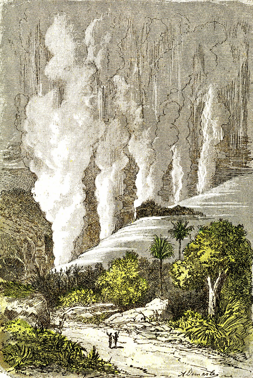 Prehistorie- Cataracten van Zambeze: Natuurlijke Creatie en Levende Wezens. Tekening door A. Demarle. 1885 door Alphonse Demarle