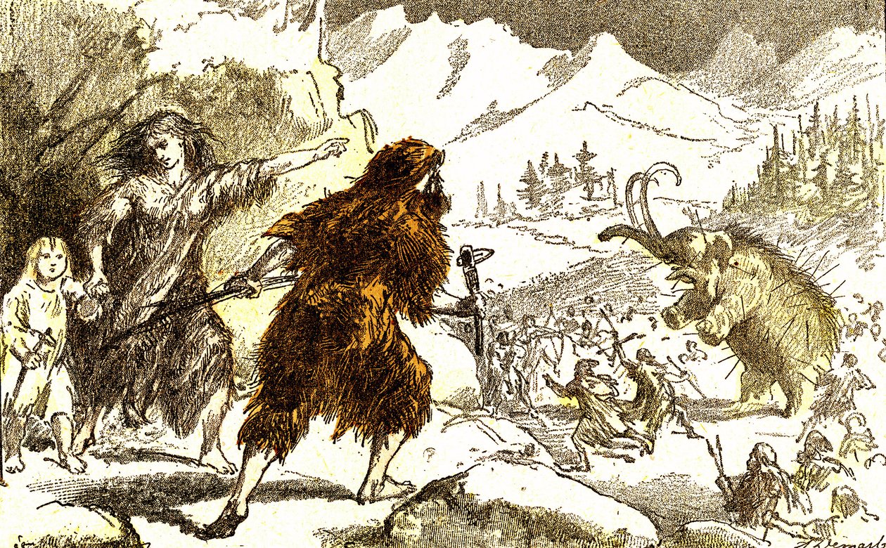 Prehistorie-mammoetjacht. IJstijd: Natuurlijke Creatie en Levensvormen. Tekening door A. Demarle. 1885 door Alphonse Demarle