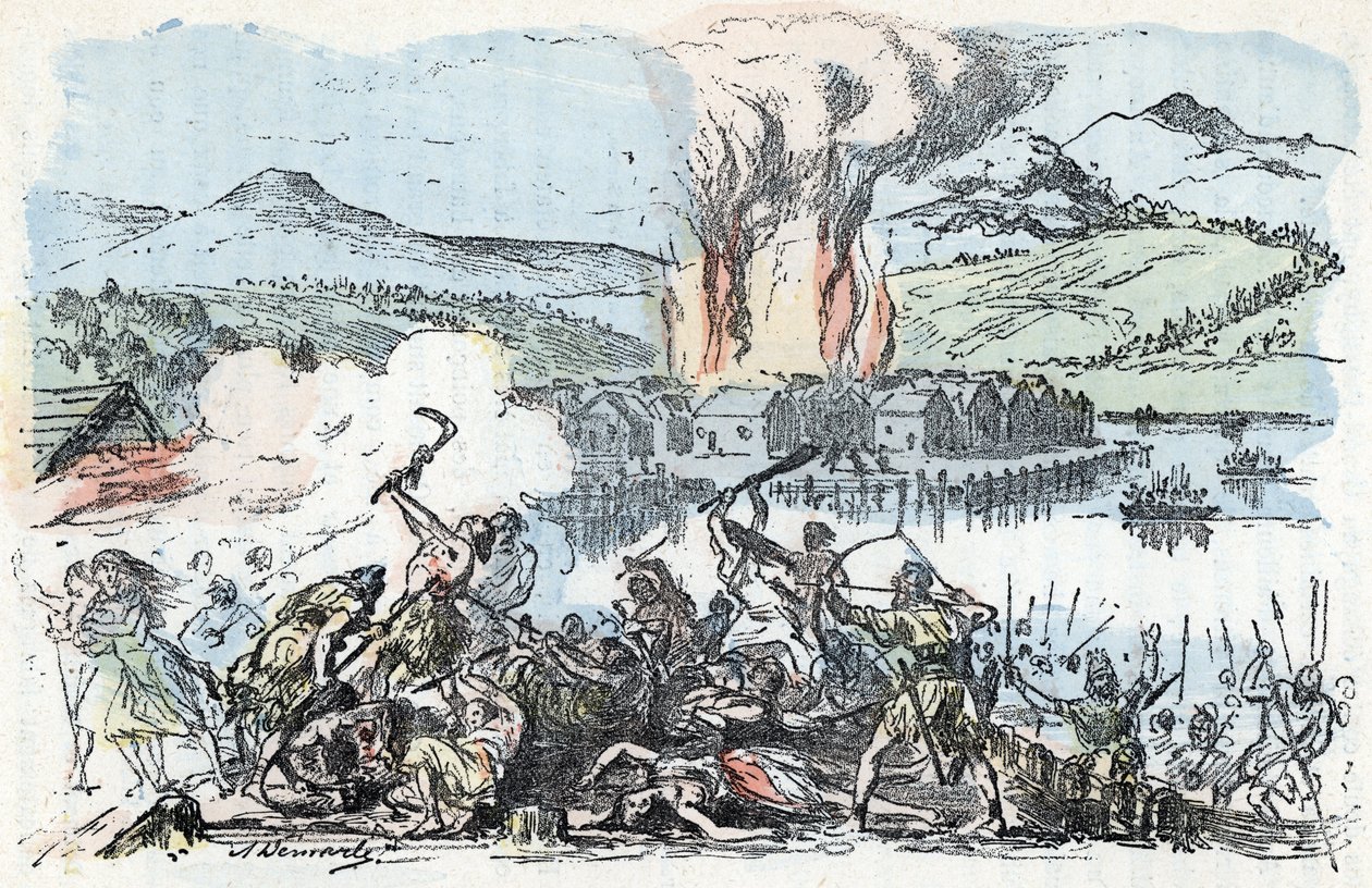 Prehistorie: oorlogsscène aan het begin van de ijzertijd, brand van de paalwoning nederzettingen Gravure uit 
