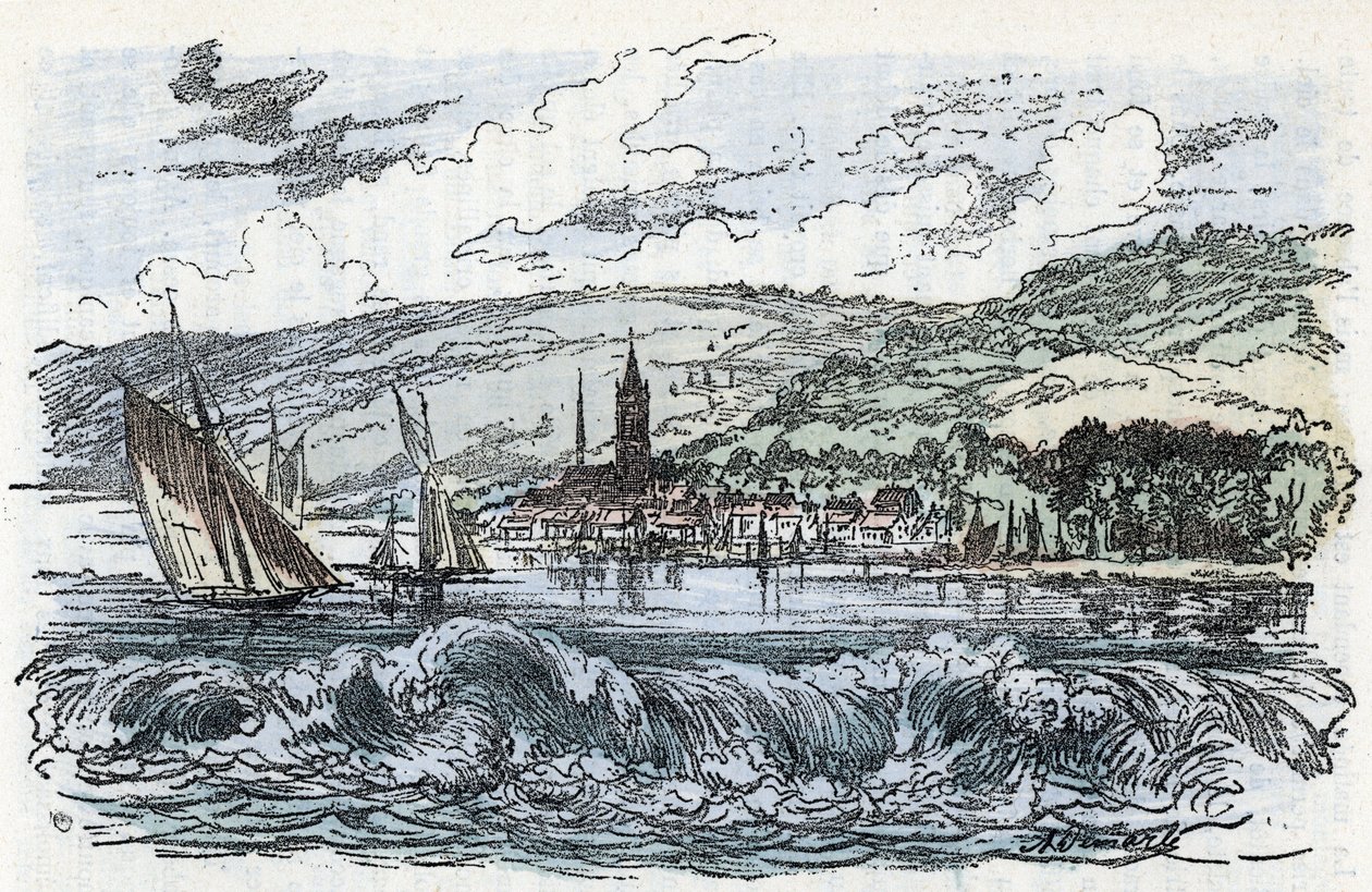 Uitzicht op de mascaret van de Seine naar Caudebec-en-Caux (Caudebec en Caux) in de Seine Maritime, Normandië (de getijdegolf van de Seine rivier bij Caudebec en Caux, Normandië) Gravure uit 