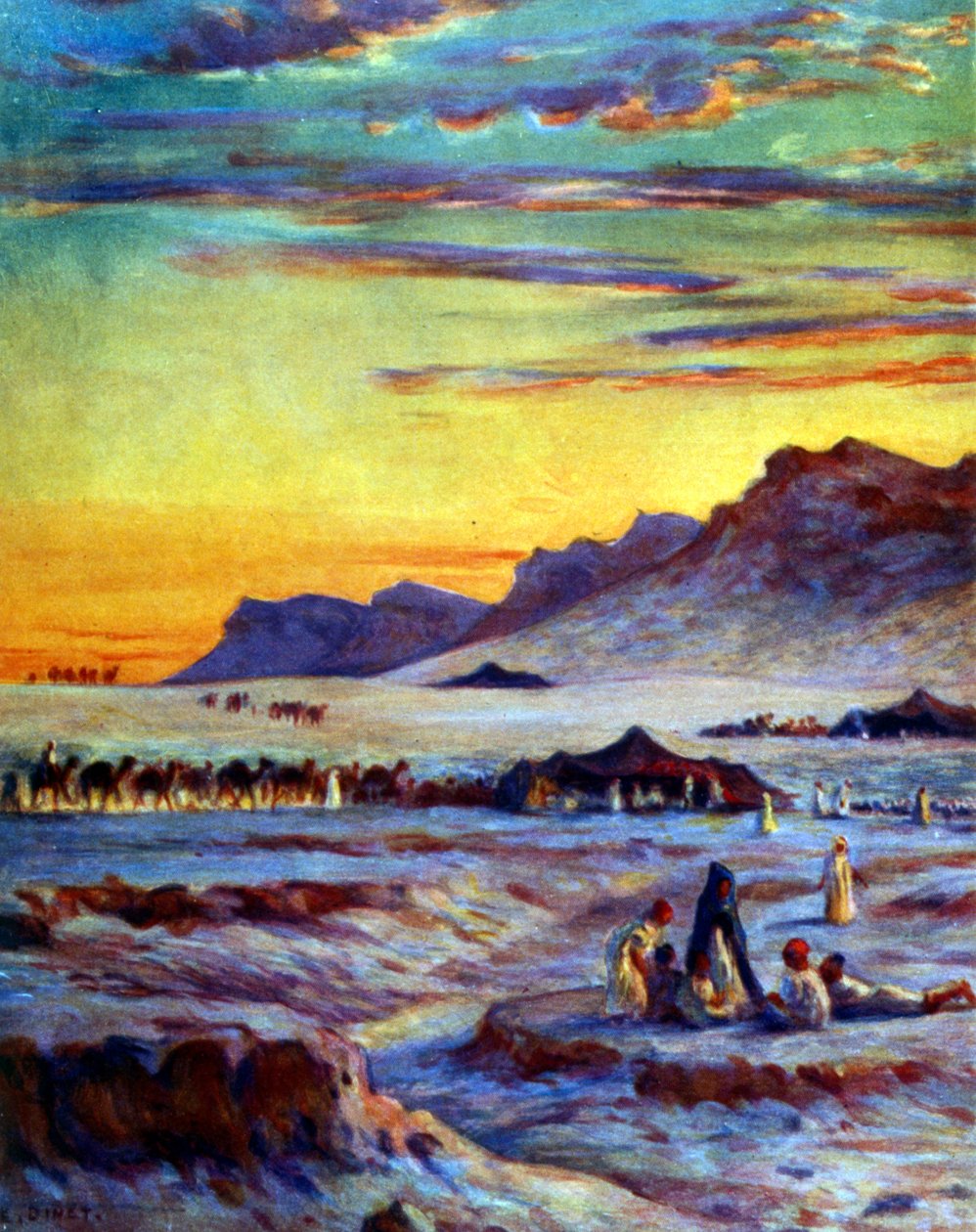 Groep Arabische nomaden in de woestijn. door Nasreddine Dinet (Alphonse-Étienne Dinet). 1861 – 1929. een Franse oriëntalist schilder 1918 door Alphonse Etienne Dinet