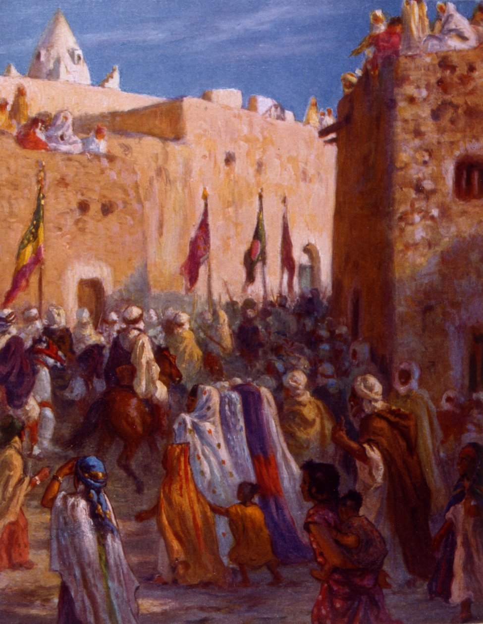 Illustratie van moslim Arabische krijgers die een stad verlaten om op Jihad te gaan door Alphonse Etienne Dinet