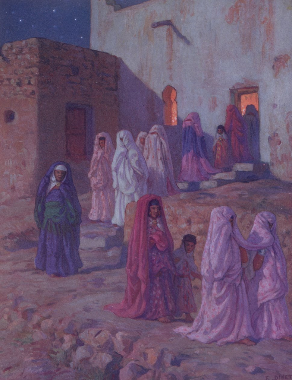 Moslims verlaten de dorpsmoskee op de vooravond van Mouled, illustratie uit een geschiedenis van het leven van de profeet Mohammed, gepubliceerd in Parijs in 1918 door Alphonse Etienne Dinet