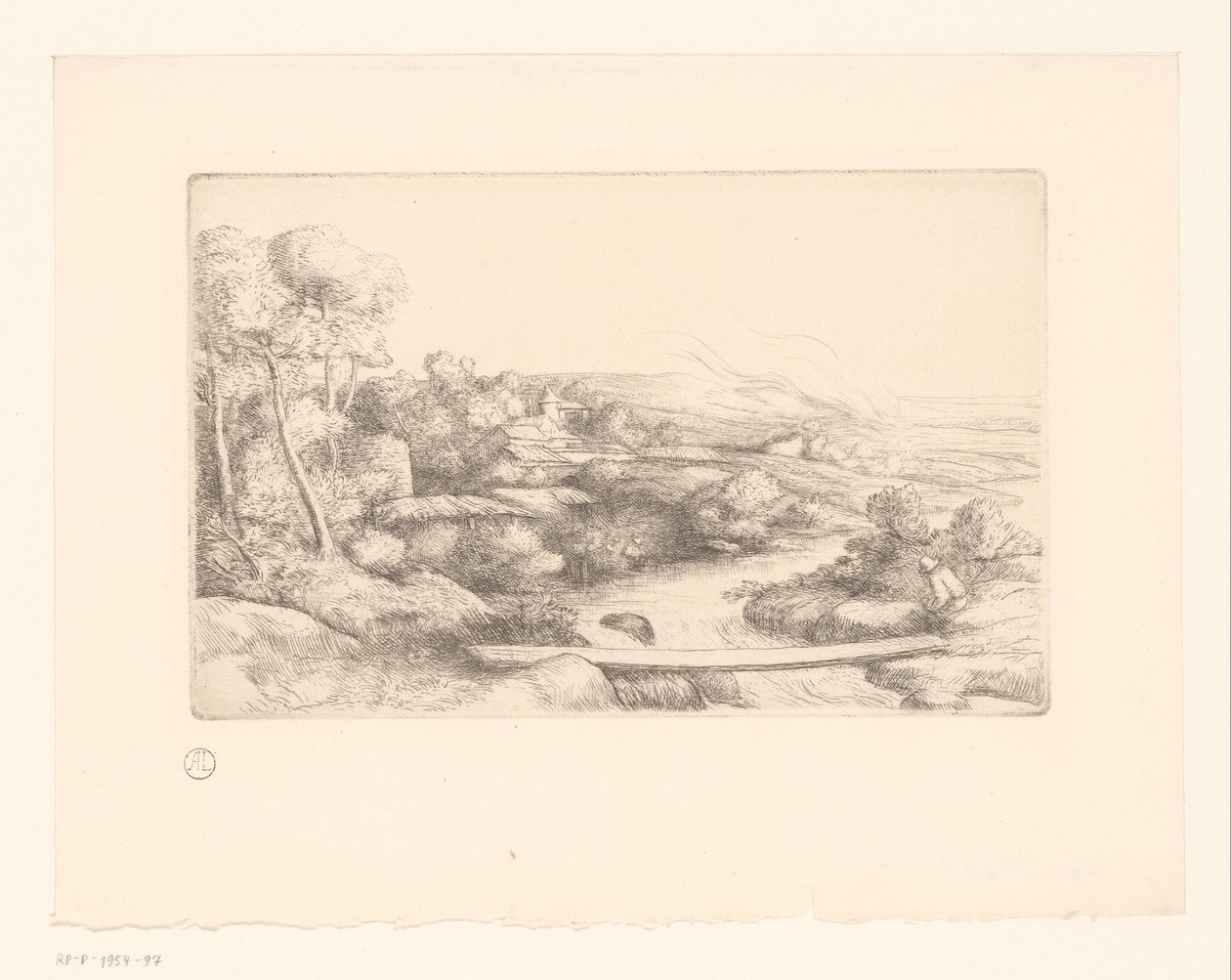Landschap met plank over een rivier (La passerelle) door Alphonse Legros (attributed to)