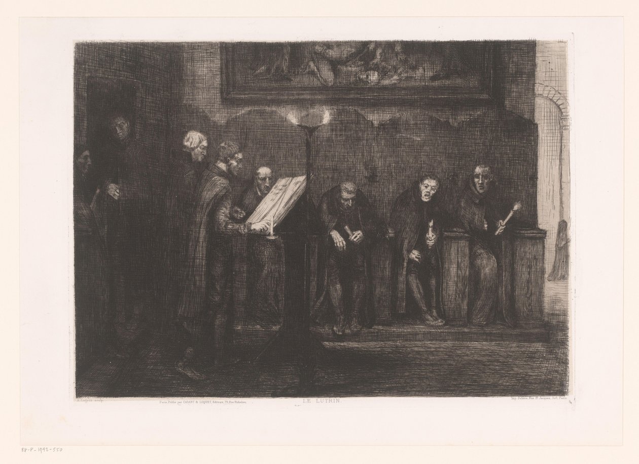 Acht mannen rond een lessenaar door Alphonse Legros
