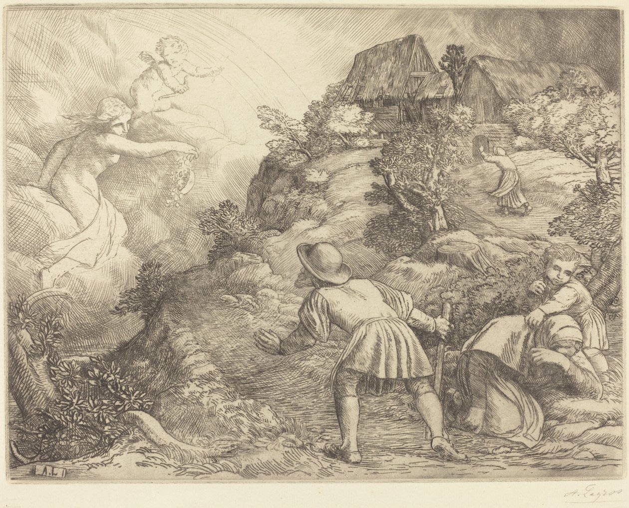Allegorie van de boer en het fortuin (Le paysan et la fortune: Sujet allegorique) door Alphonse Legros