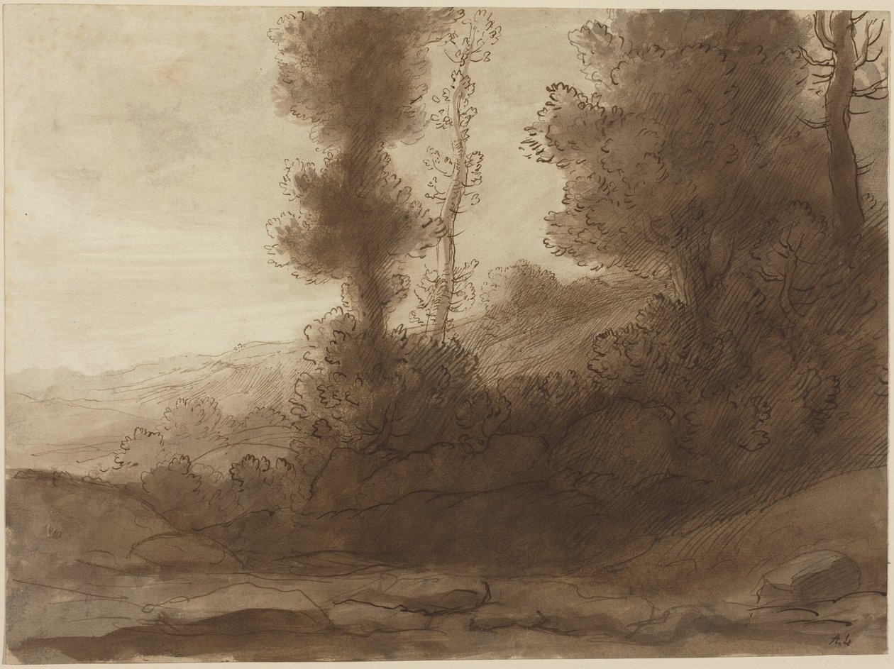 Aan de voet van de heuvel (pen en bruine inkt met bruin gewassen op geschept papier) door Alphonse Legros