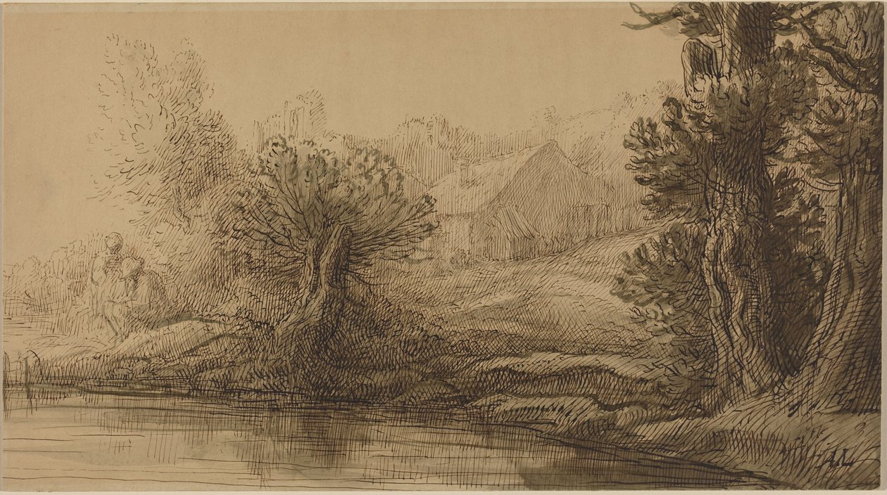 Oever van een rivier (pen en bruine inkt met bruin gewassen op karton) door Alphonse Legros