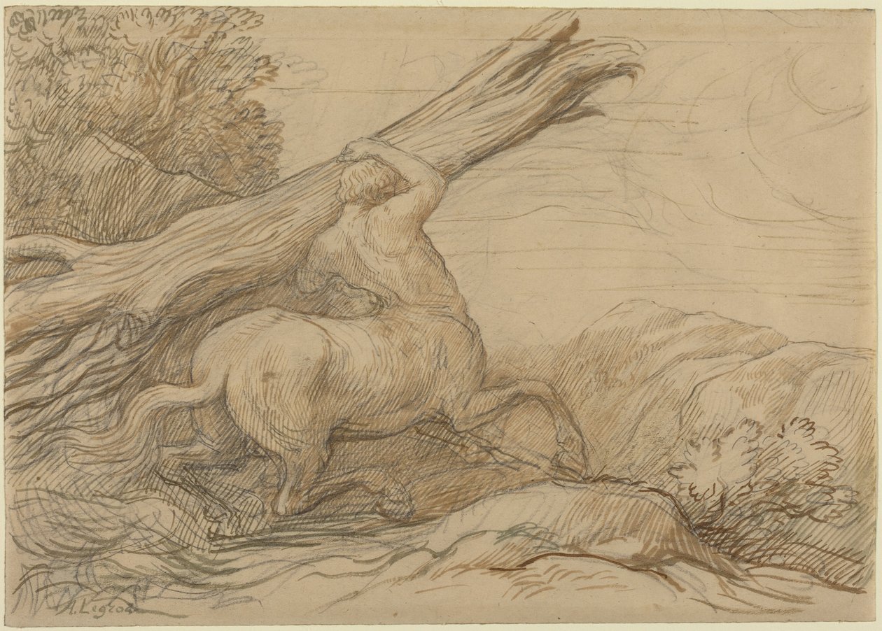 Centaur met boomstam (bruine en groene inkt over grafiet) door Alphonse Legros