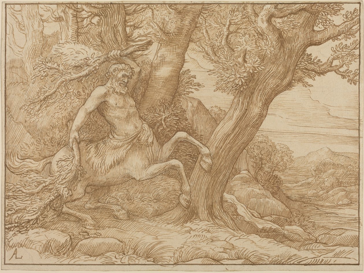Centaur met takken (pen en bruine inkt op velijnpapier) door Alphonse Legros