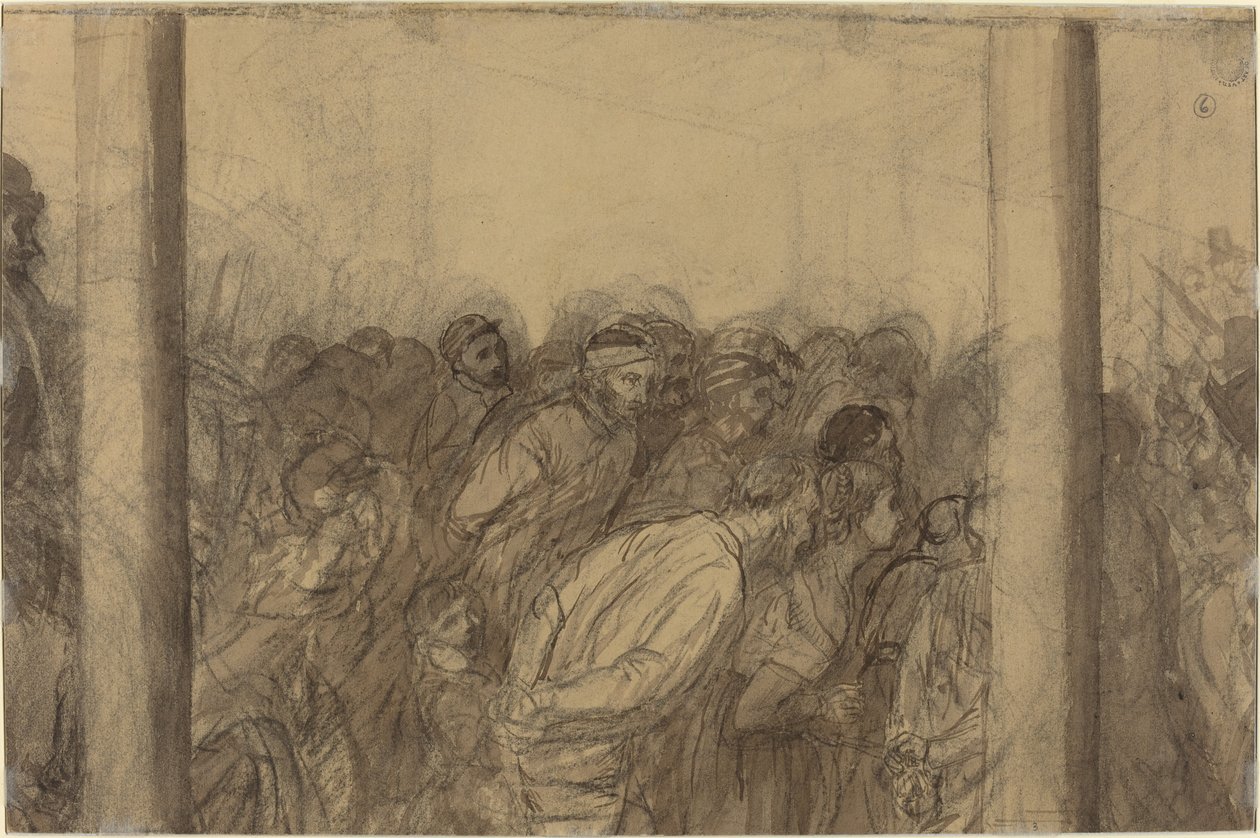 Mensenmassa gezien tussen twee kolommen door Alphonse Legros