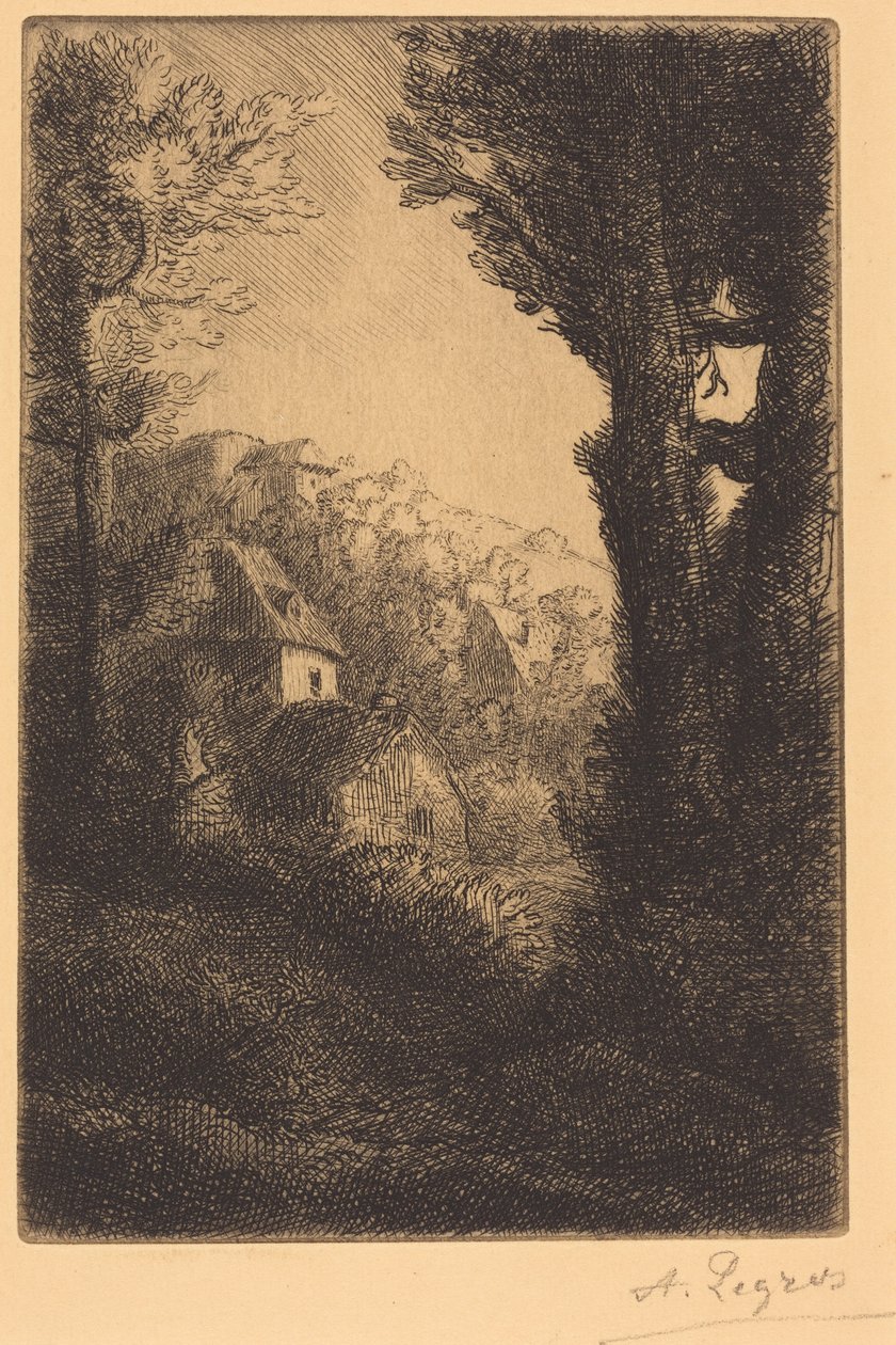 Boerderij op een zonnige helling (De boerderij op de helling; Zonneffect op de helling) door Alphonse Legros