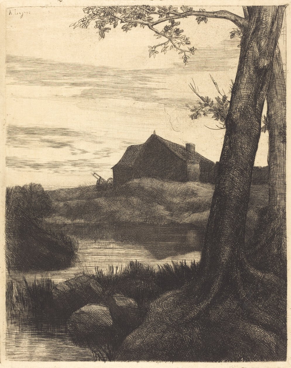 Boerderij met grote boom door Alphonse Legros