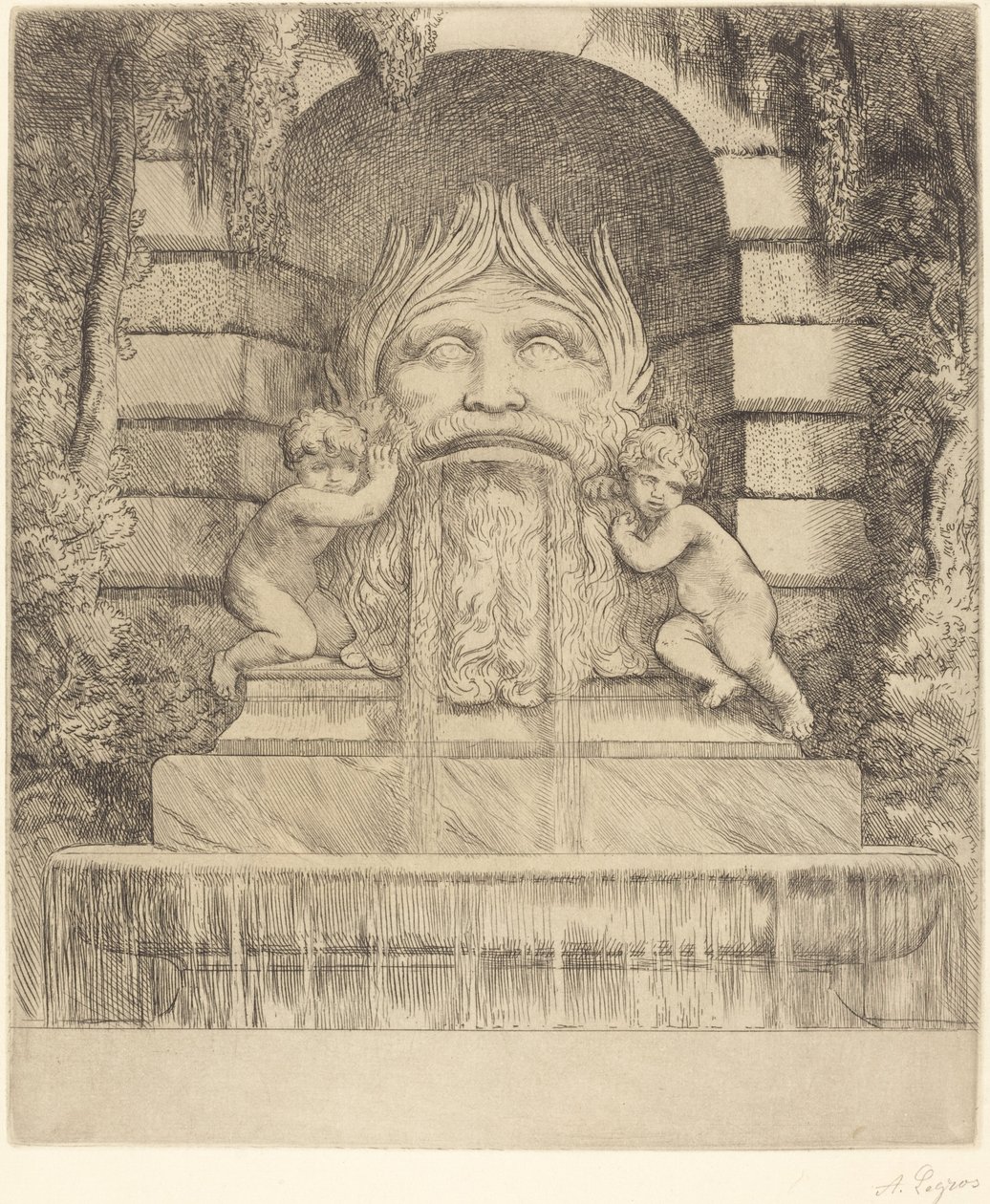 Fontein: Grotesk, Kinderen en Bekken Une fountaine: Masque, enfants et bassin door Alphonse Legros