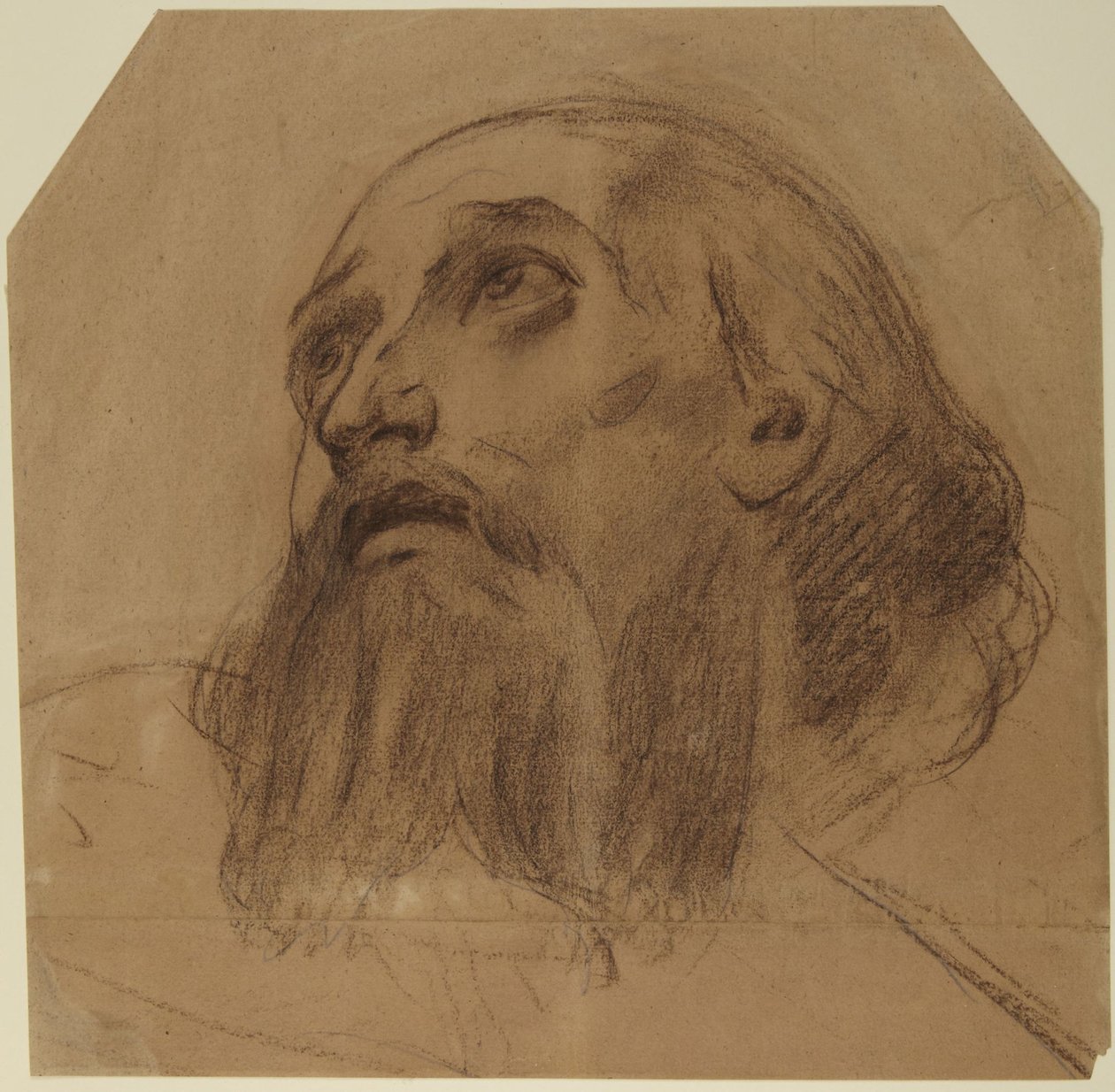 Hoofd van een bebaarde heilige die omhoog kijkt door Alphonse Legros