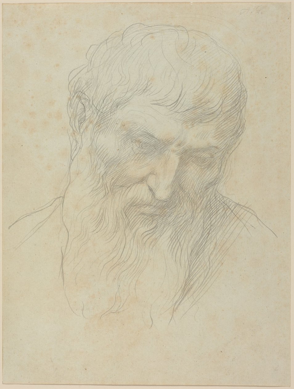 Kop van een man met krullend haar en baard door Alphonse Legros