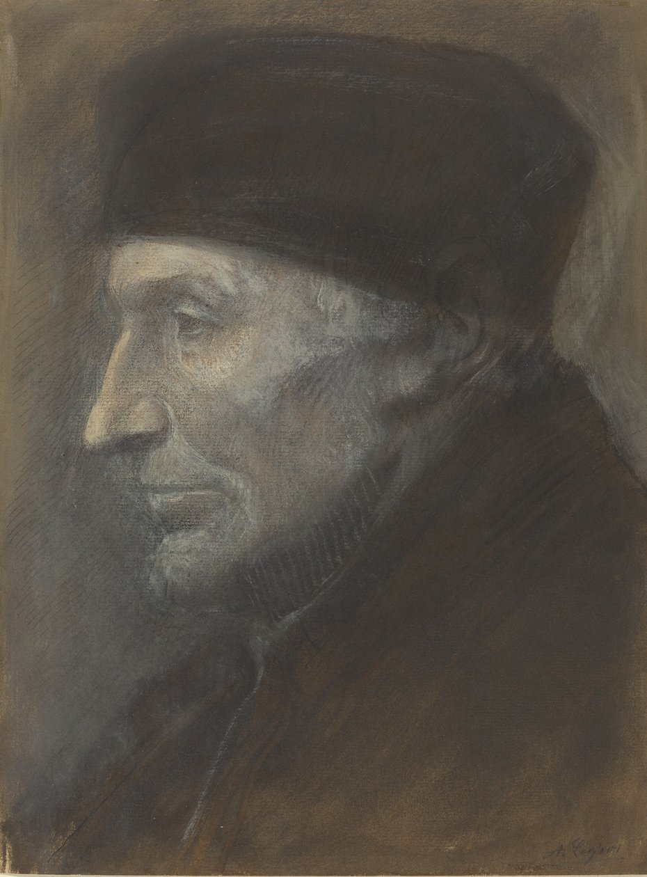 Hoofd van een man met een schedelmuts door Alphonse Legros
