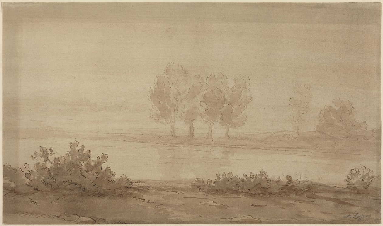 Landschap - vier bomen aan de overkant van een rivier door Alphonse Legros