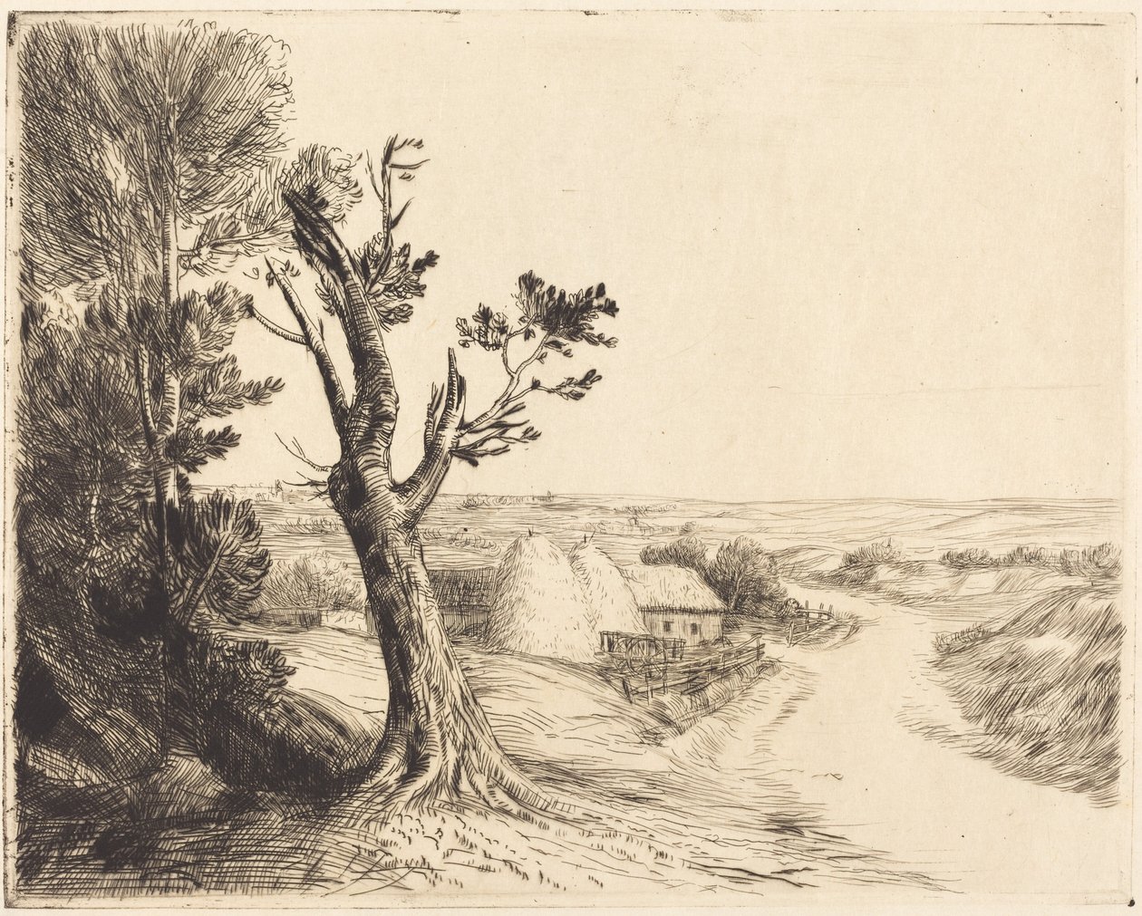Landschap met hooimijten (Le paysage aux meules) door Alphonse Legros