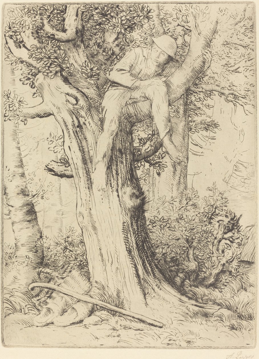 Landschap met een jongen in een boom door Alphonse Legros