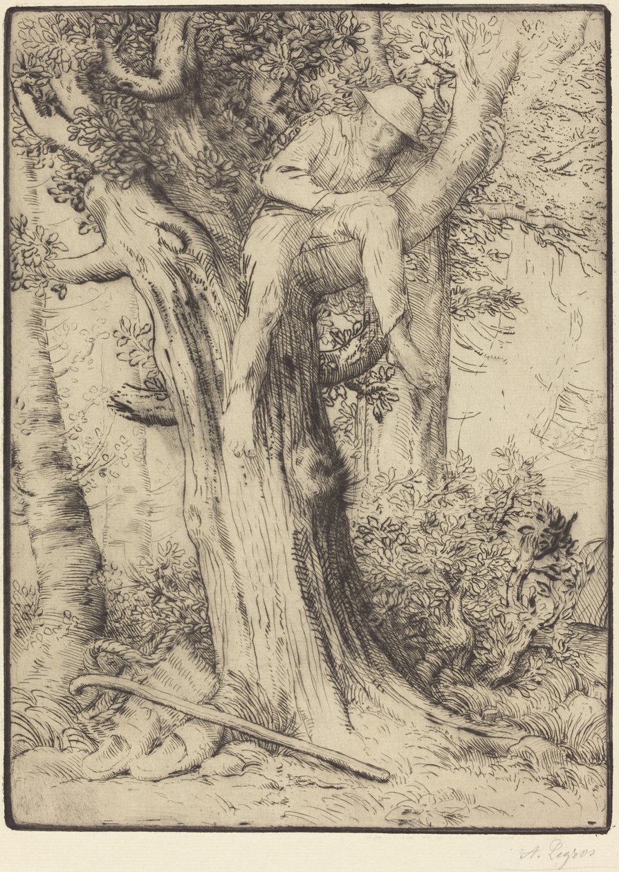 Landschap met een jongen in een boom door Alphonse Legros