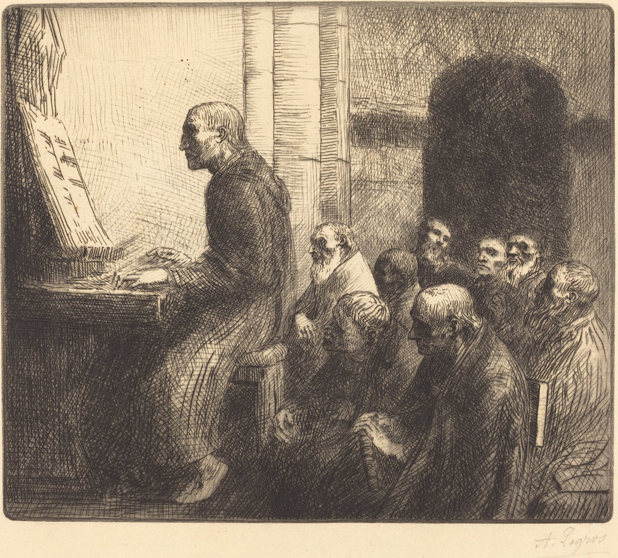 Monnik speelt orgel in de kerk door Alphonse Legros