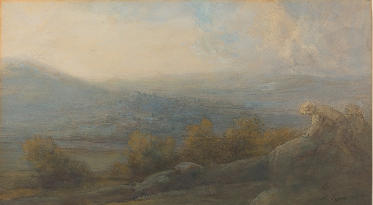 Berglandschap met twee figuren rechts, 1905 door Alphonse Legros