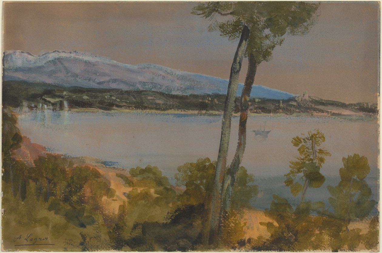 Bergen die je achter een meer ziet liggen door Alphonse Legros