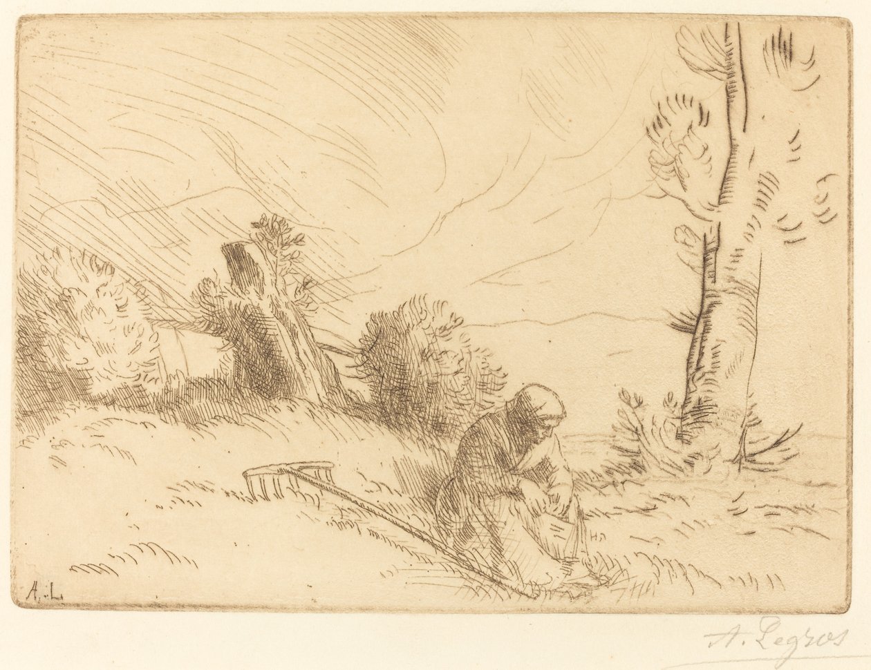 Zittende boerin bij een heg door Alphonse Legros