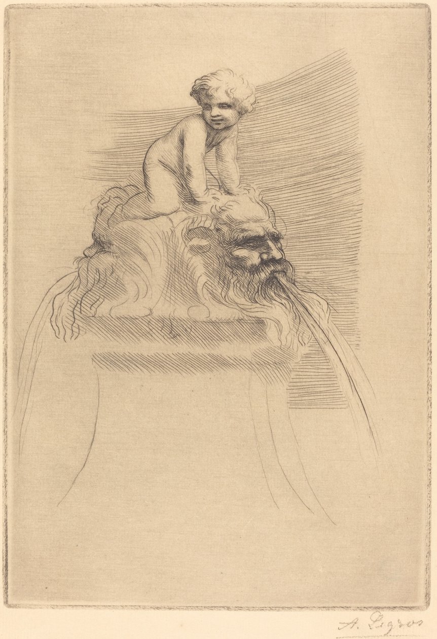Kleine fontein, kind spelend op de grotesken door Alphonse Legros