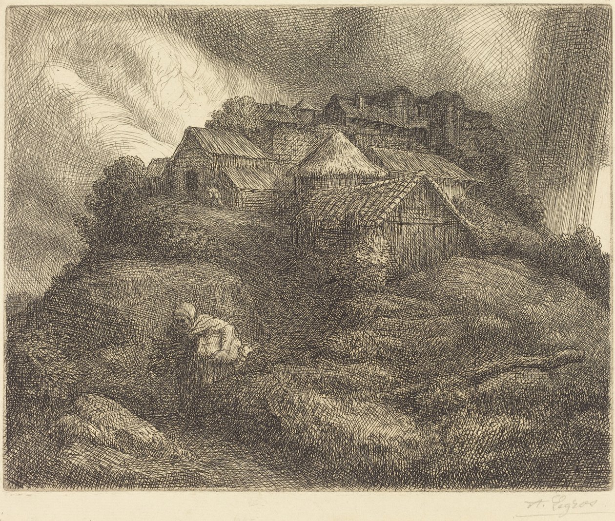 Dorp Saint-Pierre tijdens een storm door Alphonse Legros