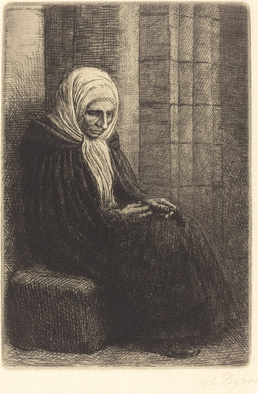 Zittende vrouw tegen een muur, kind met zijn hoofd in haar schoot door Alphonse Legros