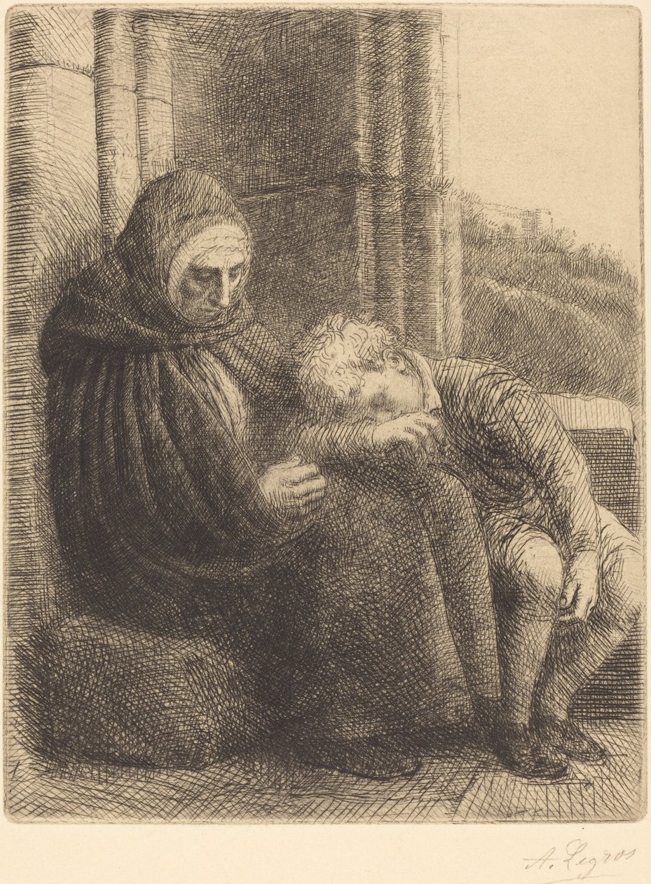 Zittende Vrouw tegen een Muur, Kind met Zijn Hoofd in Haar Schoot door Alphonse Legros