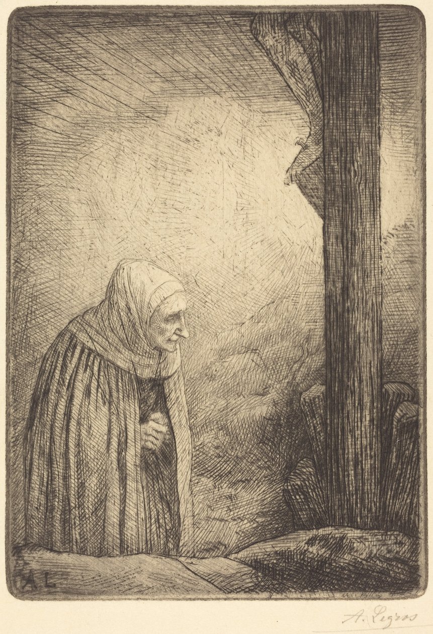 Vrouw aan de voet van het kruis (Femme au calvaire) door Alphonse Legros