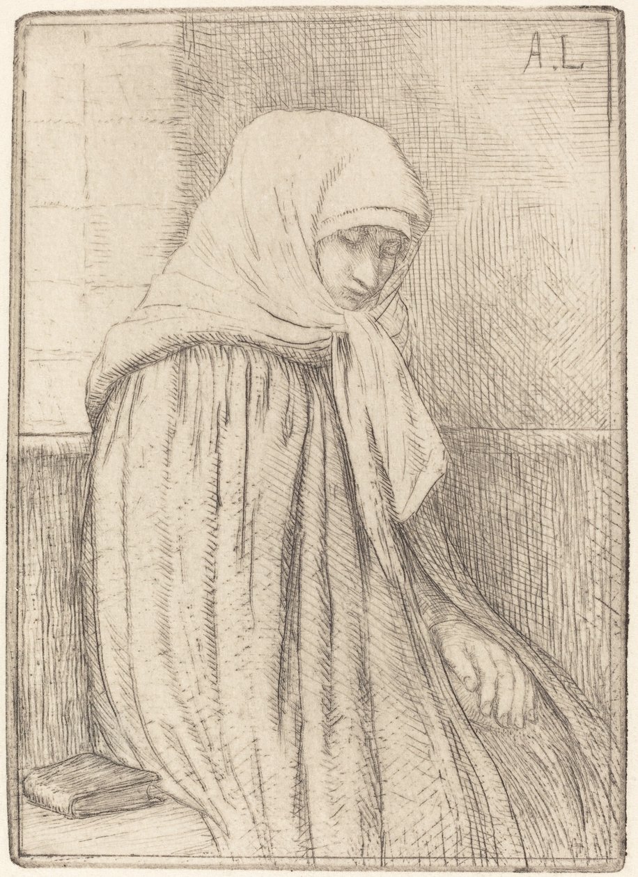 Jonge Boerin Zittend in een Kerk door Alphonse Legros
