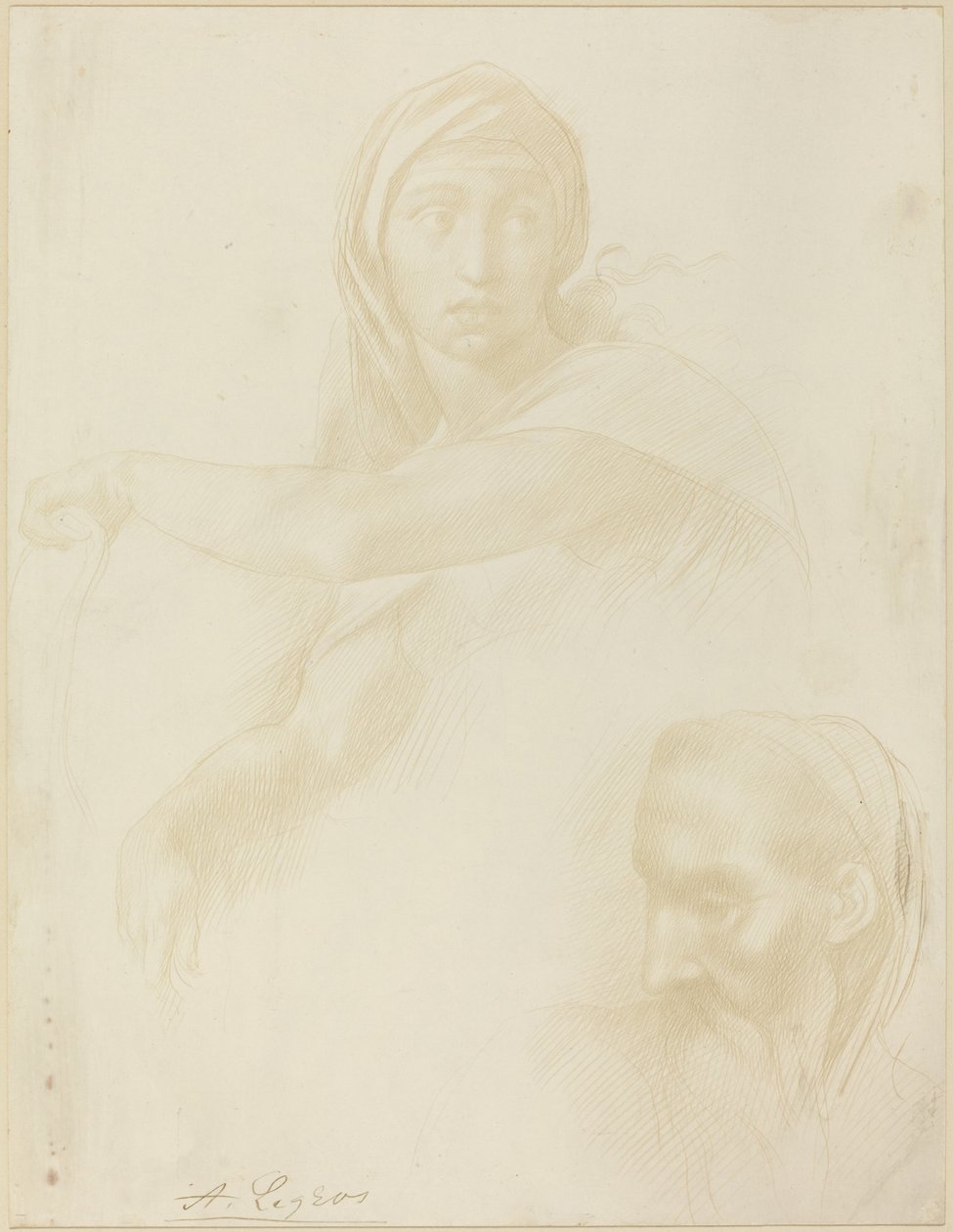 Studie van Delphische Sibylle; Hoofd van een Man door Alphonse Legros after Michelangelo