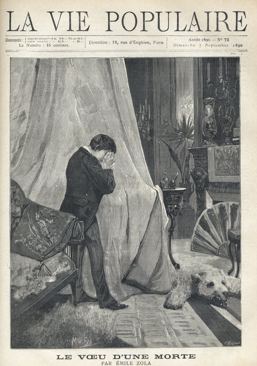 Een man huilt, verbergt zijn tranen en gezicht in een zakdoek, staand achter het baldakijn van een bed, in een rijkelijk versierde slaapkamer, met berenvel, geborduurde kussens, waaier en diverse vazen en kandelaars. Illustratie door Alfons Maria Mucha door Alphonse Mucha