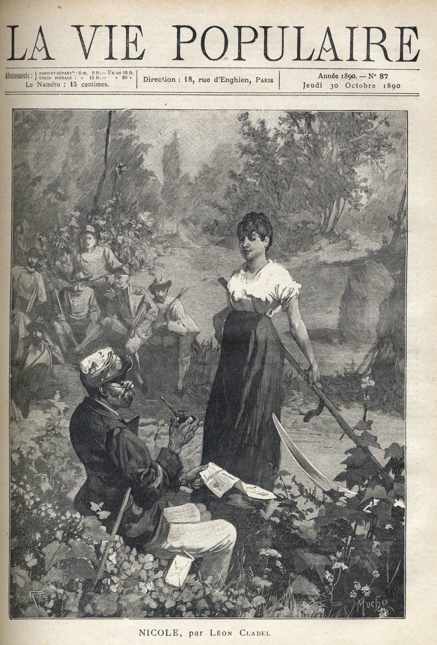 Een oude man leest een brief voor aan een mooie jonge boerin met een zeis. Jagers kijken van een afstand toe. Illustratie door Alfons Maria Mucha door Alphonse Mucha